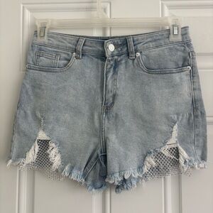 Akira Denim Frayed Hem Women Shorts w/Rhinestone Mesh, Size Large